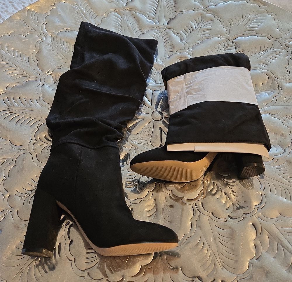 Nine West Black Suede-Look Slouch Block Heel Mid-Calf Boots